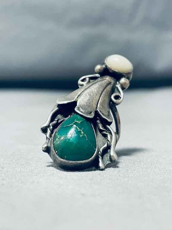Impressive Vintage Native American Navajo Damale Turquoise Sterling Silver Double Ring Impressive Vintage Native American Navajo Damale Turquoise Sterling Silver Double Ring