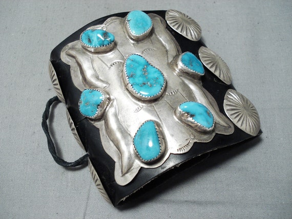 Incredible Vintage Native American Navajo Morenci Turquoise Sterling Silver Bowguard Old Incredible Vintage Native American Navajo Morenci Turquoise Sterling Silver Bowguard Old