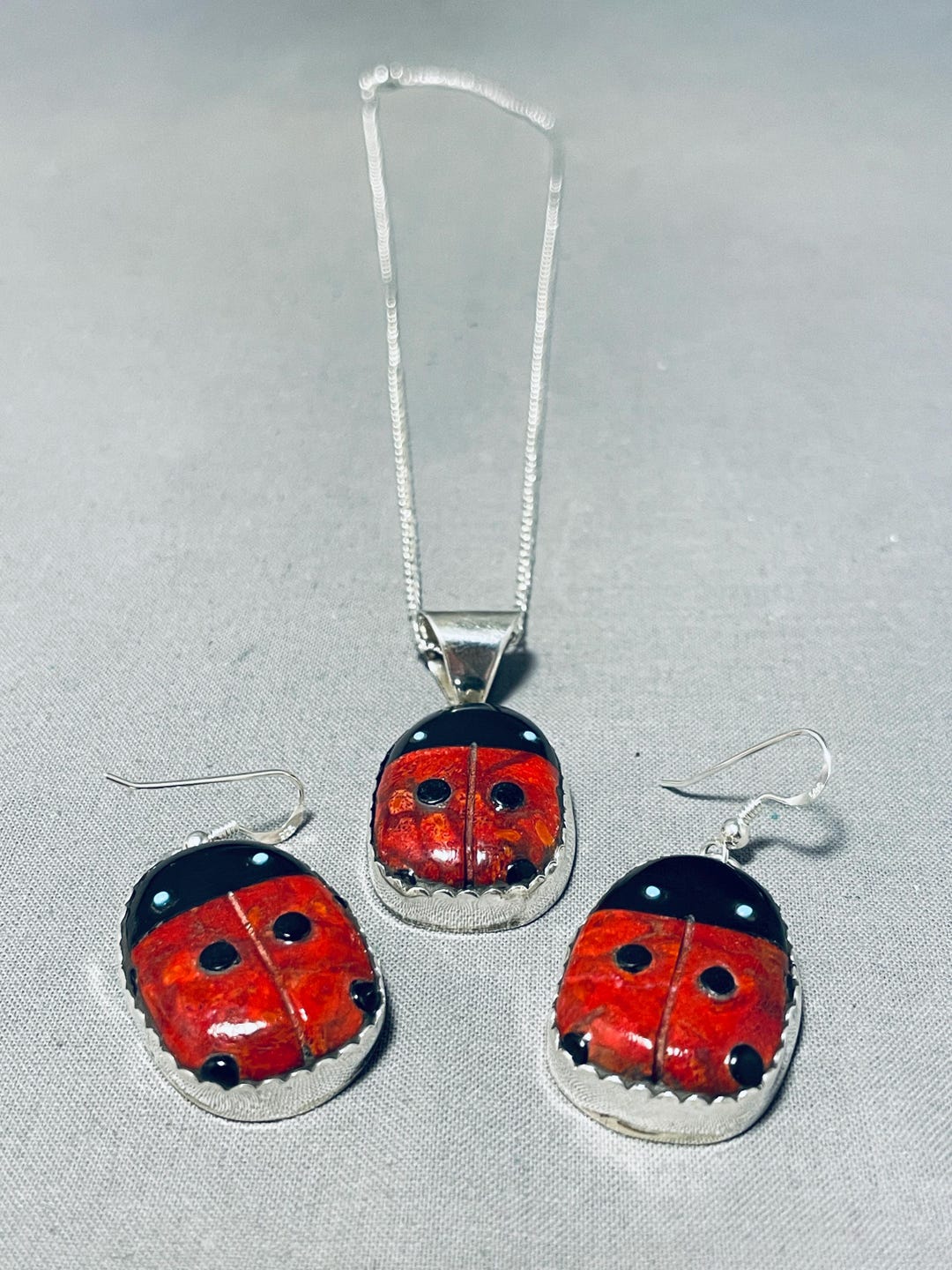 Gasp!! Ladybug Santo Domingo Coral Sterling Silver Inlay Earrings Gasp!! Ladybug Santo Domingo Coral Sterling Silver Inlay Earrings