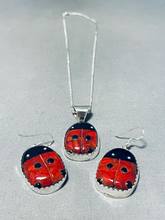 Lester James Native American Navajo Spiny Oyster Onyx Sterling Silver Ladybug Earring Set Lester James Native American Navajo Spiny Oyster Onyx Sterling Silver Ladybug Earring Set