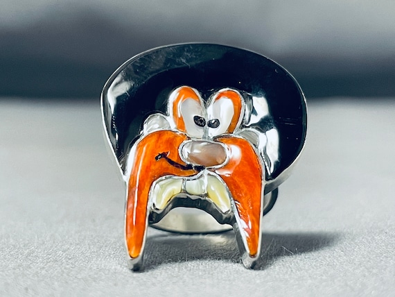 Marvelous Native American Zuni Signed Inlay Coral Jet Sterling Silver Yosemite Sam Ring Marvelous Native American Zuni Signed Inlay Coral Jet Sterling Silver Yosemite Sam Ring