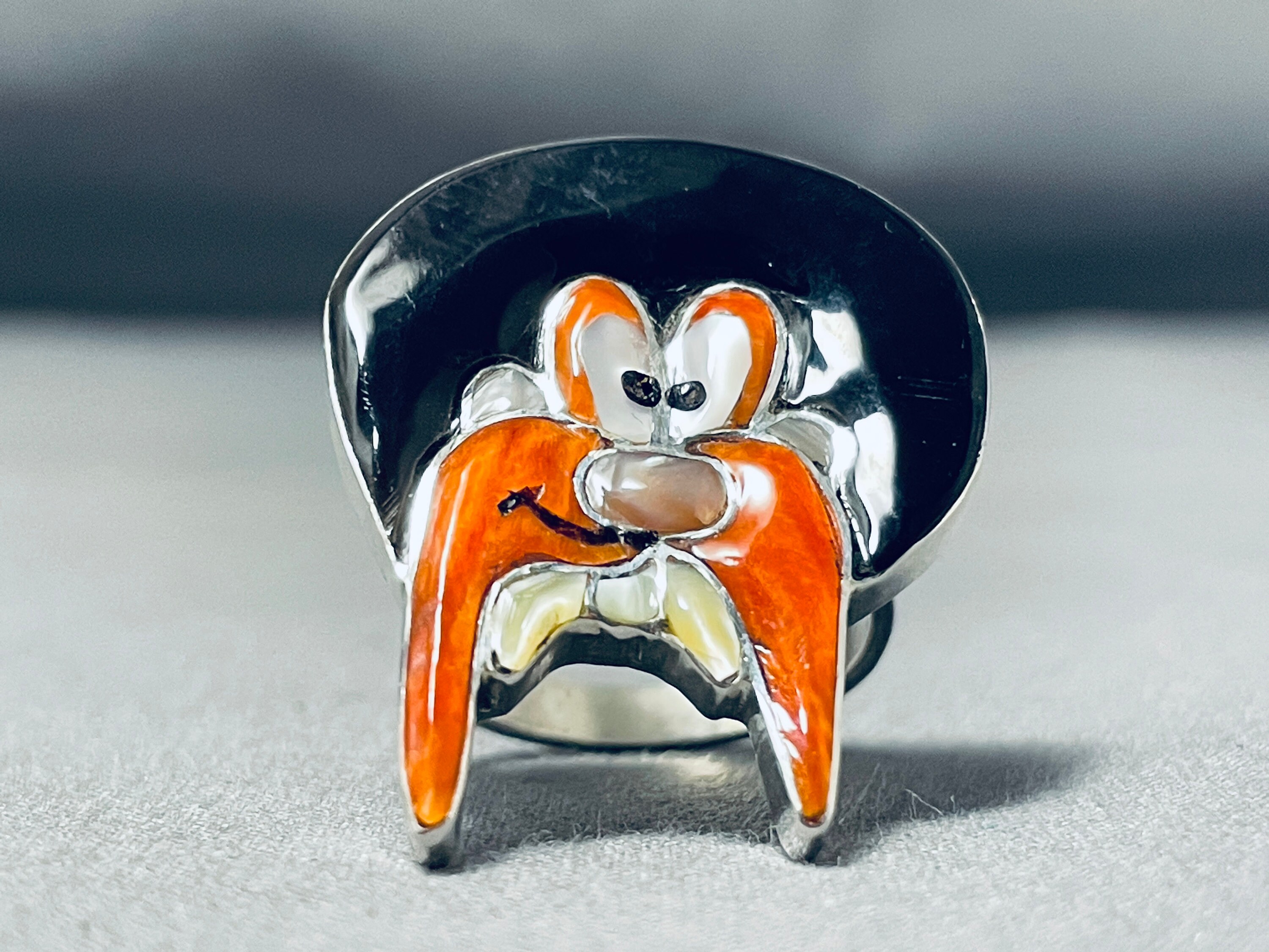 Marvelous Native American Zuni Signed Inlay Coral Jet Sterling Silver Yosemite Sam Ring Marvelous Native American Zuni Signed Inlay Coral Jet Sterling Silver Yosemite Sam Ring