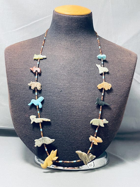 Opulent Vintage Native American Zuni Turquoise Inlay Sterling Silver Hand Tooled Necklace Opulent Vintage Native American Zuni Turquoise Inlay Sterling Silver Hand Tooled Necklace