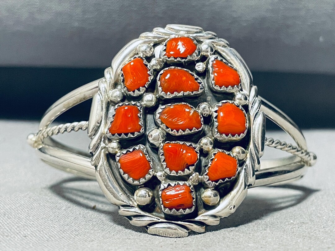 Chunky Coral Cluster Vintage Native American Navajo Sterling Silver ...