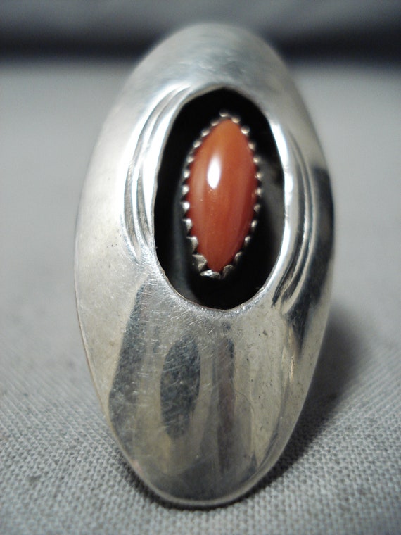 Magnificent Vintage Native American Navajo Coral Sterling Silver Shadowbox Ring Magnificent Vintage Native American Navajo Coral Sterling Silver Shadowbox Ring
