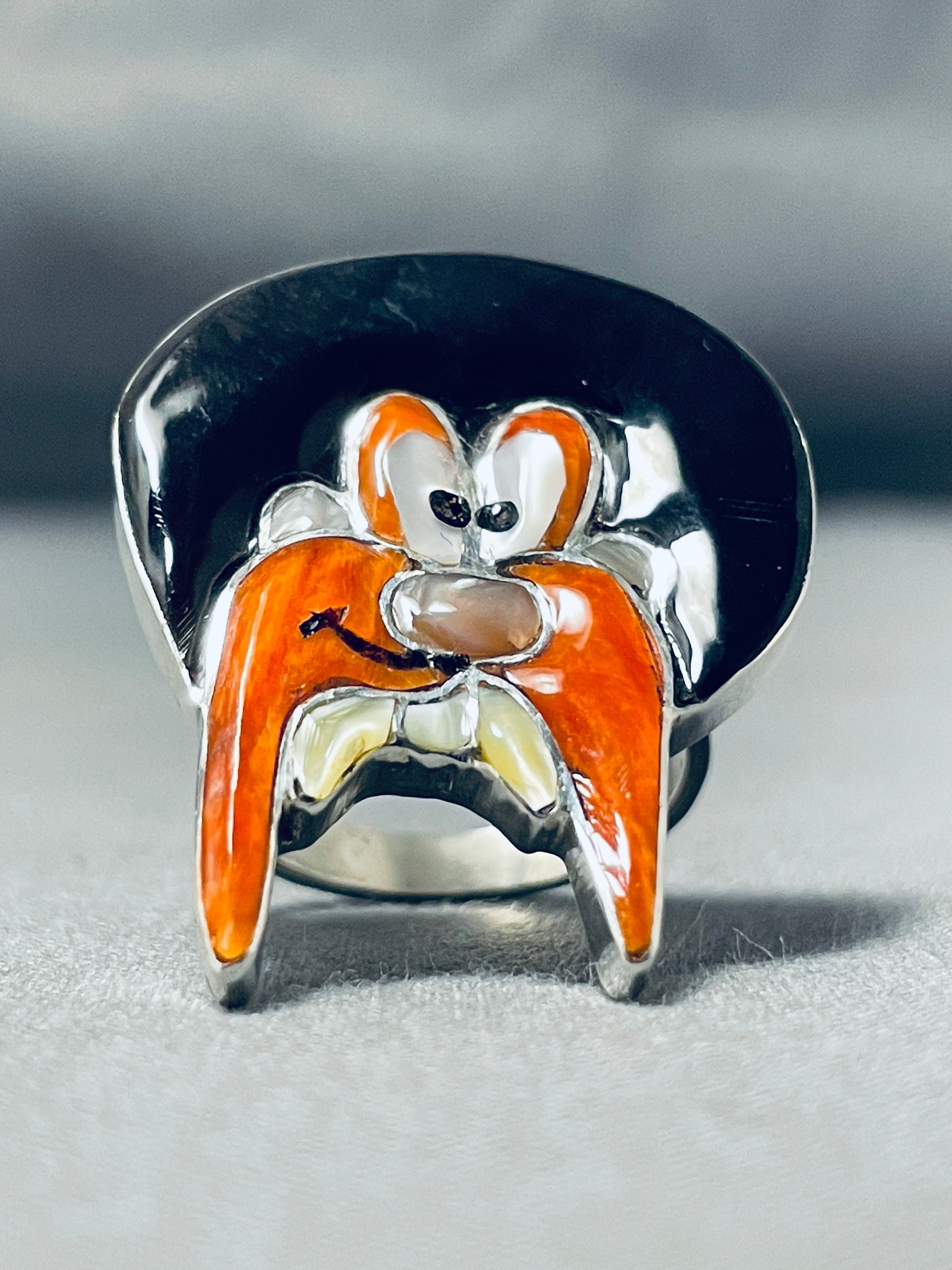 Marvelous Native American Zuni Signed Inlay Coral Jet Sterling Silver Yosemite Sam Ring Marvelous Native American Zuni Signed Inlay Coral Jet Sterling Silver Yosemite Sam Ring