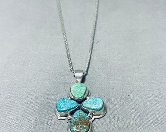 Inspirational Native American Navajo 5 Pilot Mountain Turquoise Sterling Silver Cross Necklace - Make An Offer!