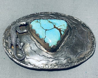 Amazing Vintage Native American Navajo Spider Turquoise Gecko Sterling Silver Buckle - Make An Offer!