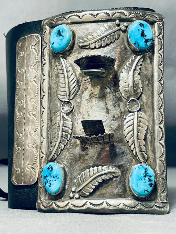 Tremendous Vintage Native American Navajo Morenci Turquoise Sterling Silver Bowguard Tremendous Vintage Native American Navajo Morenci Turquoise Sterling Silver Bowguard