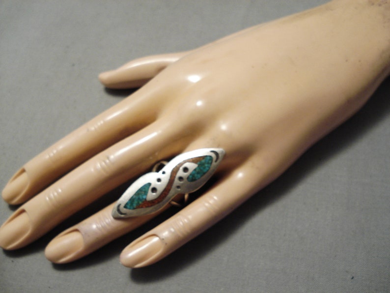 Make An Offer! Wonderful Vintage Native American Navajo Turquoise Coral Sterling Silver Ring