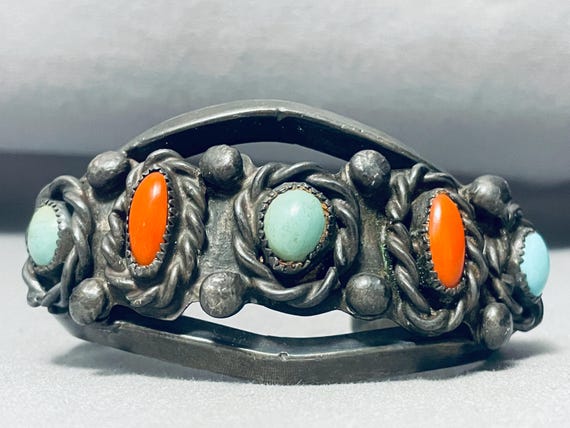 Unique Vintage Native American Navajo Blue Gem Turquoise Jet Sterling Silver Bracelet Old Unique Vintage Native American Navajo Blue Gem Turquoise Jet Sterling Silver Bracelet Old