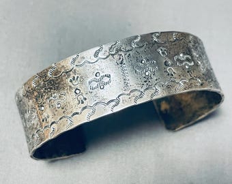 Native American Highly Detailed Vintage Navajo Hand Wrought Sterling Silver Bracelet Native American Highly Detailed Vintage Navajo Hand Wrought Sterling Silver Bracelet