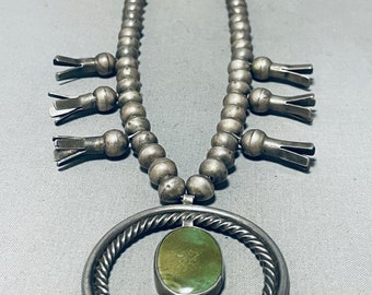Dropdead Fab Early 1900's Vintage Native American Navajo Sterling Silver Squash Blossom Necklace - Make An Offer!