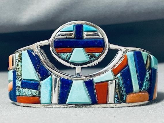 Charles Chee Vintage Native American Navajo Turquoise Inlay Sterling Silver Bracelet Charles Chee Vintage Native American Navajo Turquoise Inlay Sterling Silver Bracelet