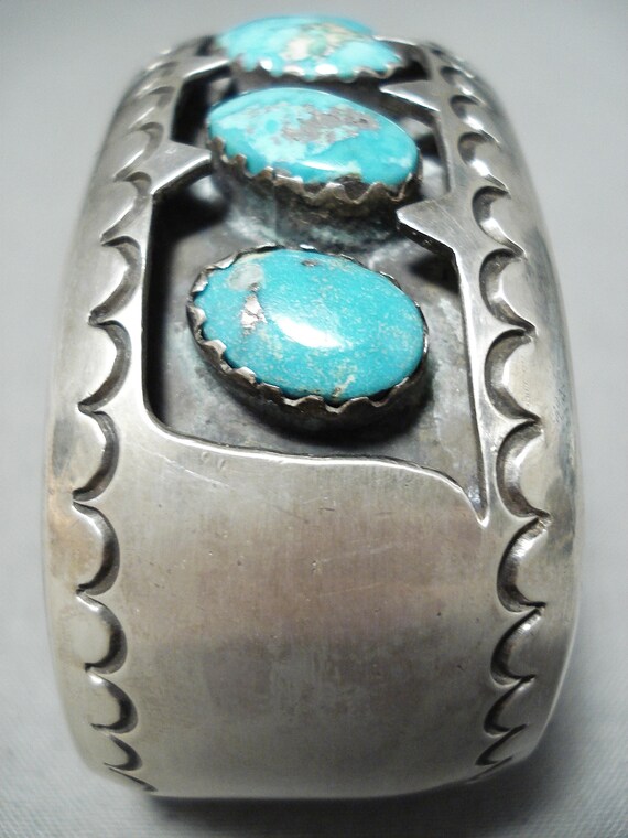 Detailed Vintage Native American Navajo Window Turquoise Sterling Silver Bracelet Detailed Vintage Native American Navajo Window Turquoise Sterling Silver Bracelet