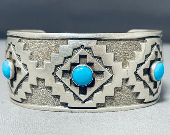 Tolles Vintage Indianer Navajo 3 Dornröschen Türkis Sterling Silber Riesiges Armband - Machen Sie ein Angebot!