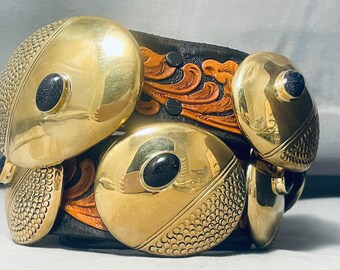 Historical Vintage Orville Tsinnie Native American Navajo Brass Goldstone Concho Belt Historical Vintage Orville Tsinnie Native American Navajo Brass Goldstone Concho Belt