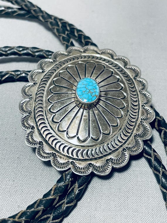 Native American Mesmerizing Yaqui Signed Spiderweb Turquoise Sterling Silver Bolo Native American Mesmerizing Yaqui Signed Spiderweb Turquoise Sterling Silver Bolo