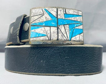 Best Vintage Native American Navajo White Buffalo Turquoise Sterling Silver Buckle Belt - Make An Offer!