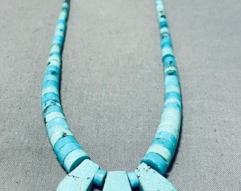 Native American Beautiful Vintage Santo Domingo Kingman Turquoise Sterling Silver Necklace - Make An Offer!