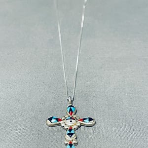 Authentic Vintage Native American Zuni Turquoise Coral Sunface Sterling Silver Cross Necklace Authentic Vintage Native American Zuni Turquoise Coral Sunface Sterling Silver Cross Necklace