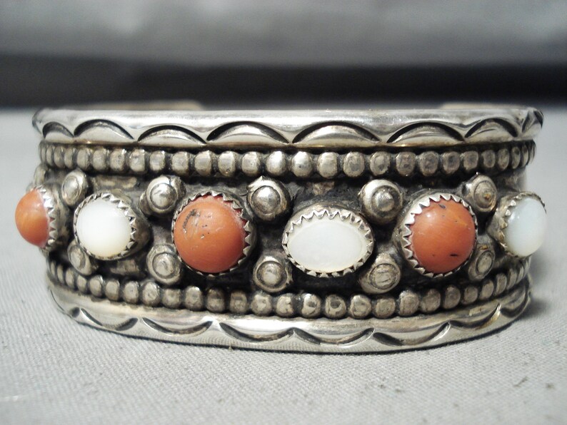 Museum Vintage Native American Navajo Coral Sterling Silver Bracelet ...