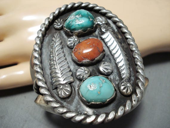 Superior Vintage Navajo Wide Turquoise Coral Native American Jewelry Silver Leaf Bracelet Superior Vintage Navajo Wide Turquoise Coral Native American Jewelry Silver Leaf Bracelet