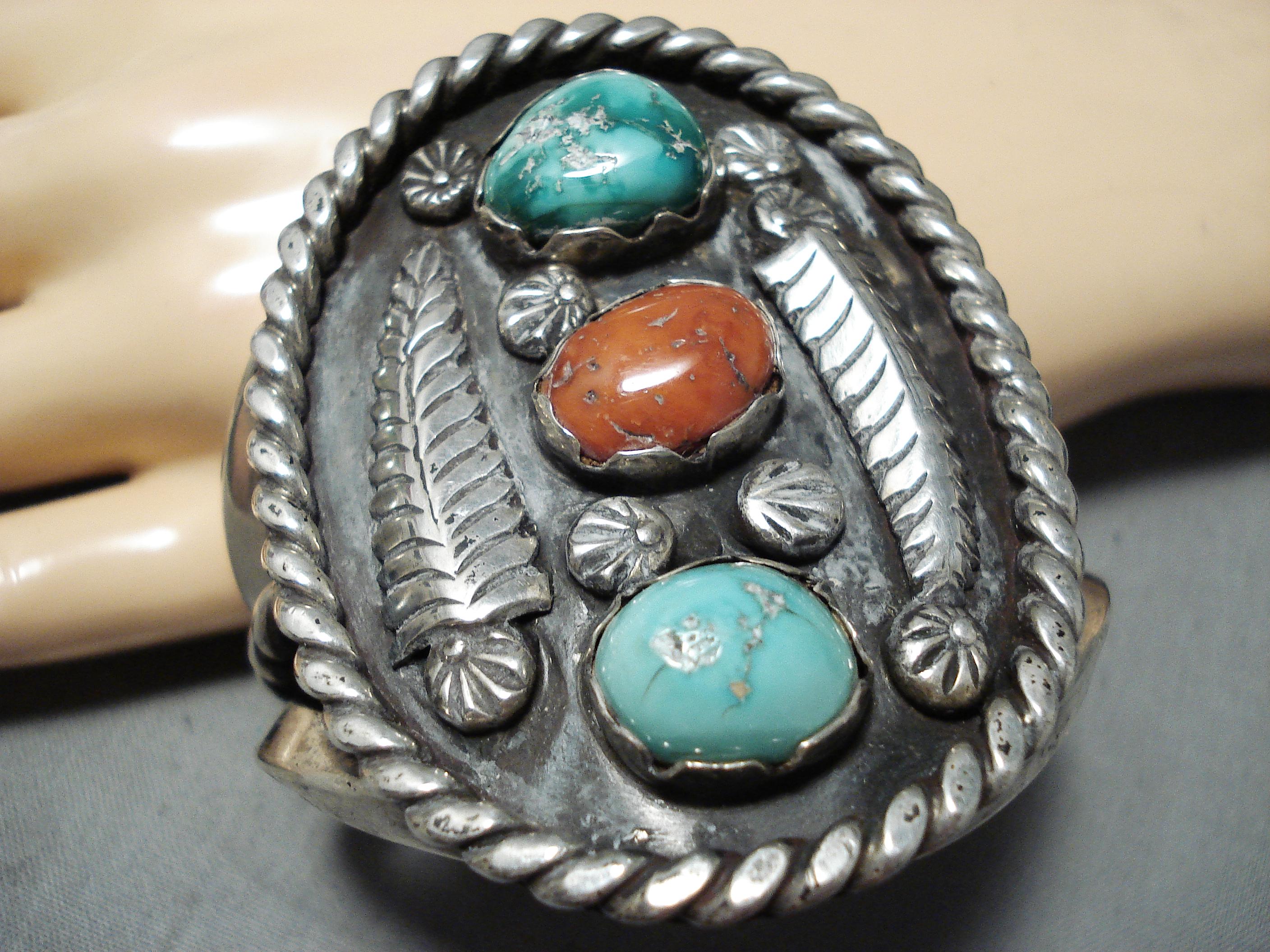 Richard Yazzie Vintage Native American Navajo Turquoise Coral Sterling Silver Leaf Bracelet - Make An Offer!