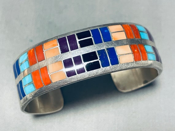 Tsadiase Vintage Native American Zuni Turquoise Inlay Sterling Silver Squared Bracelet Cuff Tsadiase Vintage Native American Zuni Turquoise Inlay Sterling Silver Squared Bracelet Cuff