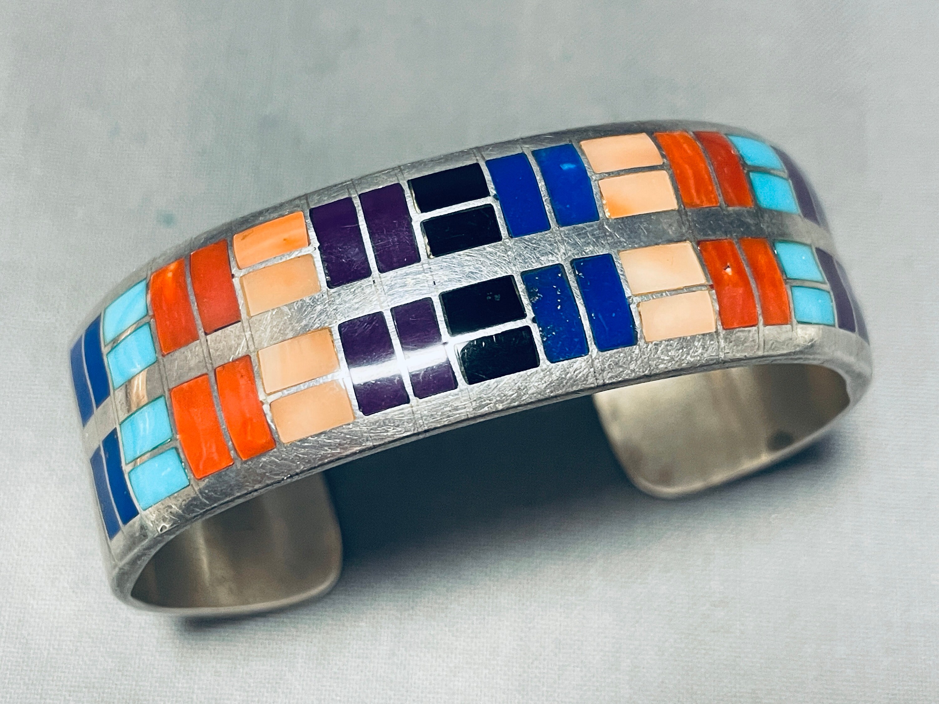 Tsadiase Vintage Native American Zuni Turquoise Inlay Sterling Silver Squared Bracelet Cuff Tsadiase Vintage Native American Zuni Turquoise Inlay Sterling Silver Squared Bracelet Cuff