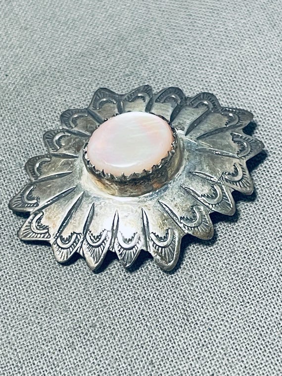 Native American Brilliant Vintage Navajjo Signed Mother Of Pearl Sterling Silver Pin Native American Brilliant Vintage Navajjo Signed Mother Of Pearl Sterling Silver Pin