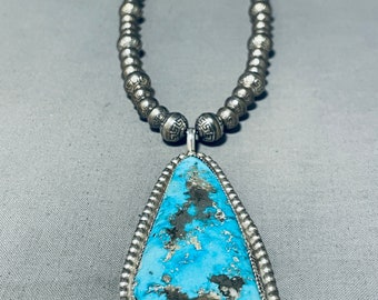 Remarkable Vintage Native American Navajo Pilot Mountain Turquoise Sterling Silver Necklace - Make An Offer!
