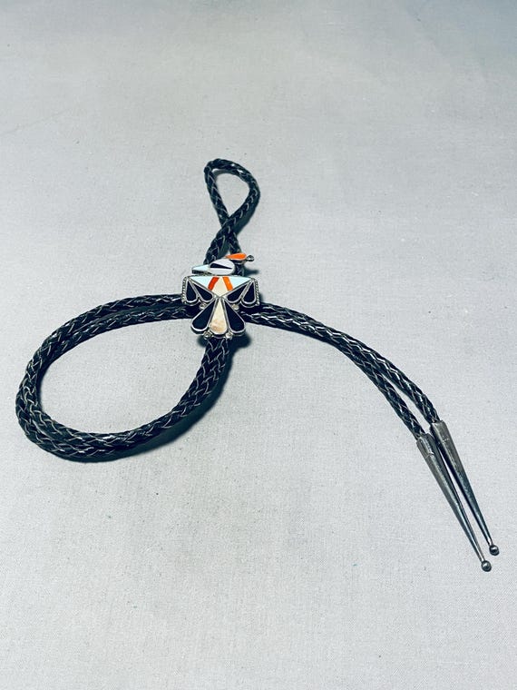 Marvelous Vintage Signed Native American Zuni Inlay Jet Turquoise Thunderbird E Cellicon Bolo Marvelous Vintage Signed Native American Zuni Inlay Jet Turquoise Thunderbird E Cellicon Bolo