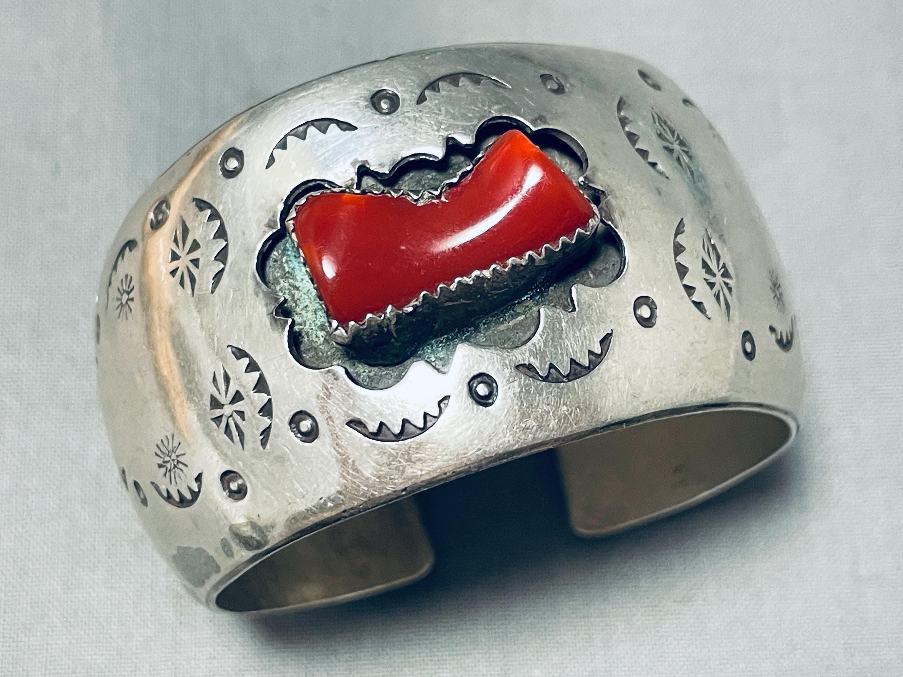 Coral Chunk Galore Huge Native American Navajo Sterling Silver Bracelet Cuff Coral Chunk Galore Huge Native American Navajo Sterling Silver Bracelet Cuff