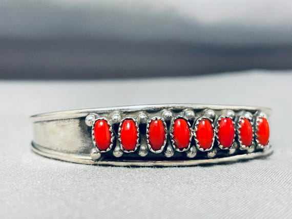 Superior Native American Navajo Coral Sterling Silver Bracelet Superior Native American Navajo Coral Sterling Silver Bracelet