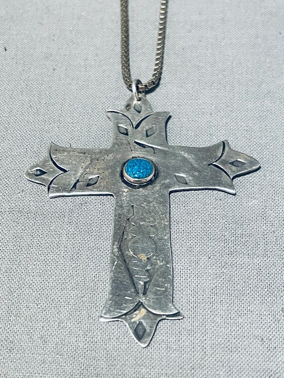 Heavenly Vintage Native American Navajo Morenci Turquoise Sterling Silver Cross Necklace Heavenly Vintage Native American Navajo Morenci Turquoise Sterling Silver Cross Necklace