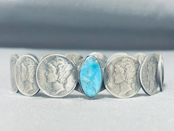 Amazing Native American Navajo Signed Blue Diamond Turquoise 14 Silver Dimes Bracelet Amazing Native American Navajo Signed Blue Diamond Turquoise 14 Silver Dimes Bracelet