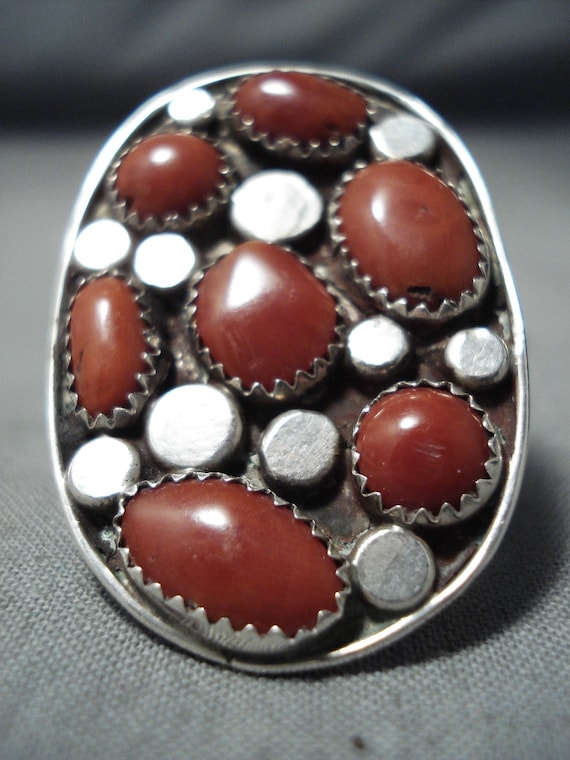 One Of Biggest Vintage Native American Navajo Coral Sterling Silver Ring Old One Of Biggest Vintage Native American Navajo Coral Sterling Silver Ring Old