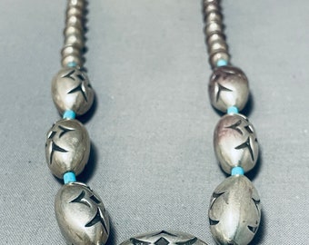 Een van de mooiste vintage Native American Navajo Turquoise Sterling zilveren kralenketting ooit - Doe een bod!