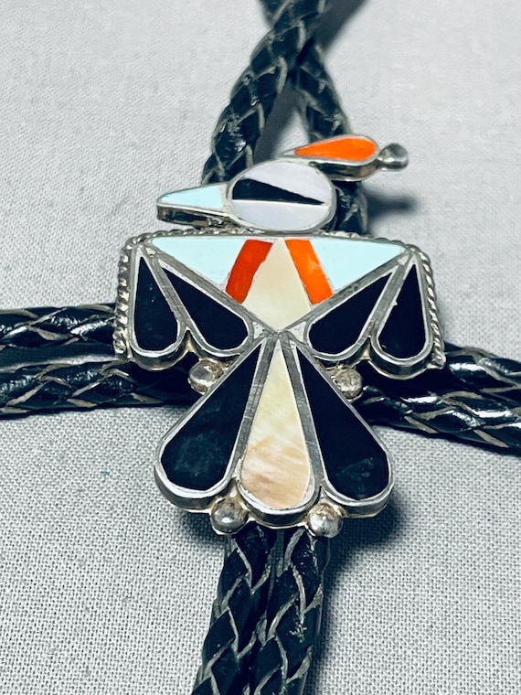 Marvelous Vintage Signed Native American Zuni Inlay Jet Turquoise Thunderbird E Cellicon Bolo Marvelous Vintage Signed Native American Zuni Inlay Jet Turquoise Thunderbird E Cellicon Bolo