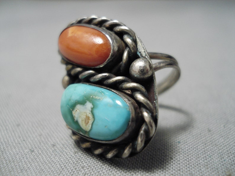 Make An Offer! Marvelous Vintage Native American Navajo Coral And Candelaria Turquoise Sterling Silver Ring Old