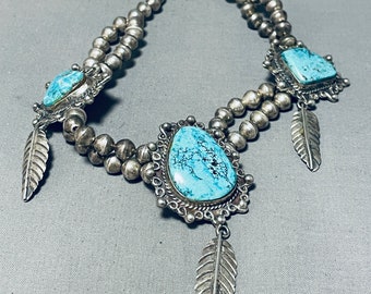 Rare Vintage Native American Navajo 3 Red Mountain Turquoise Sterling Silver Feathers Necklace - Make An Offer!