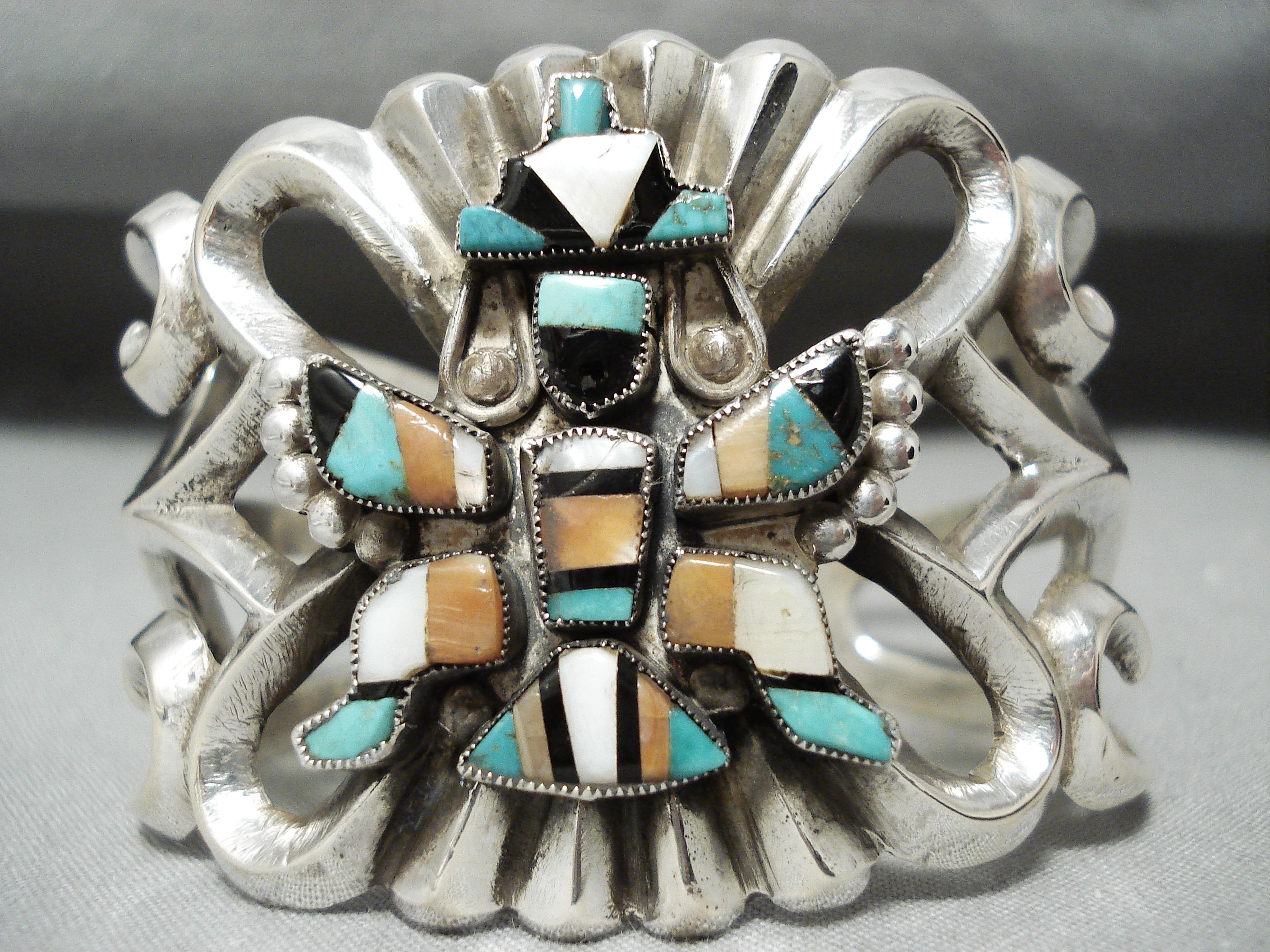 Heavy Knifwing Vintage Native American Zuni Turquoise Sterling Silver Bracelet Heavy Knifwing Vintage Native American Zuni Turquoise Sterling Silver Bracelet