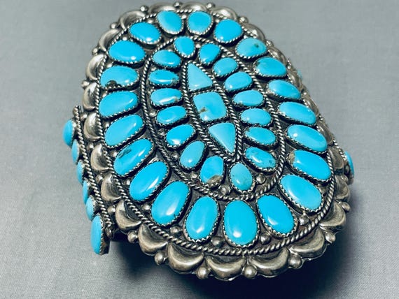Signed Towering Vintage Native American Navajo Turquoise Sterling Silver Repoussed Bracelet Signed Towering Vintage Native American Navajo Turquoise Sterling Silver Repoussed Bracelet