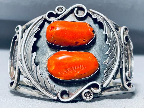 Important Vintage Navajo 'Chunk Coral' Turquoise Navajo 'Guild' Native American Jewelry Silver Bracelet Important Vintage Navajo 'Chunk Coral' Turquoise Navajo 'Guild' Native American Jewelry Silver Bracelet