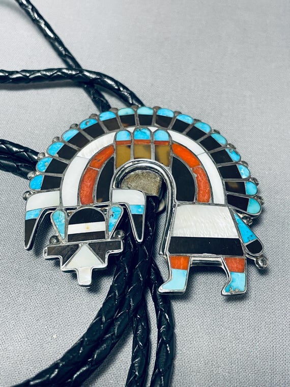 Early Authentic Vintage Native American Zuni Turquoise Sterling Silver Inlay Bolo Tie Early Authentic Vintage Native American Zuni Turquoise Sterling Silver Inlay Bolo Tie