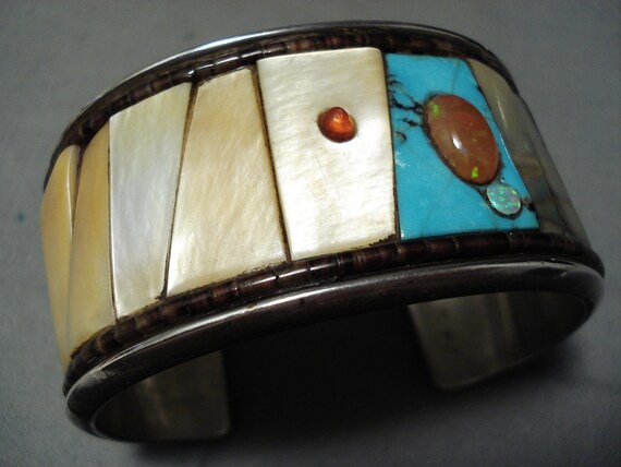 Incredible Vintage Native American Navajo Turquoise Coral Sterling Silver Inlay Wave Bracelet Incredible Vintage Native American Navajo Turquoise Coral Sterling Silver Inlay Wave Bracelet