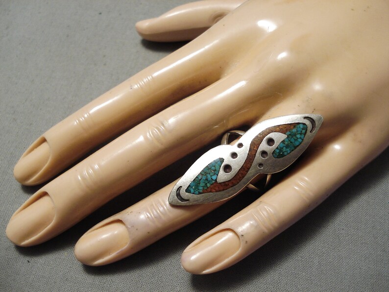 Make An Offer! Wonderful Vintage Native American Navajo Turquoise Coral Sterling Silver Ring