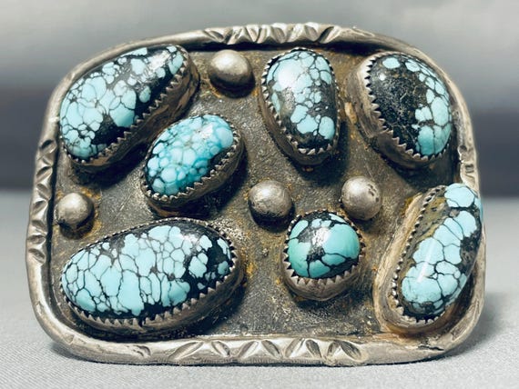 Superlative Vintage Native American Navajo Spiderweb Turquoise Sterling Silver Bracelet Superlative Vintage Native American Navajo Spiderweb Turquoise Sterling Silver Bracelet