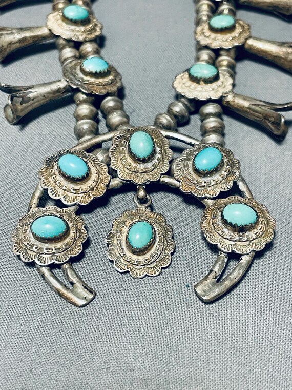 Dropdead Fab Vintage Native American Zuni Turquoise Inlay Sterling Squash Blossom Necklace Dropdead Fab Vintage Native American Zuni Turquoise Inlay Sterling Squash Blossom Necklace